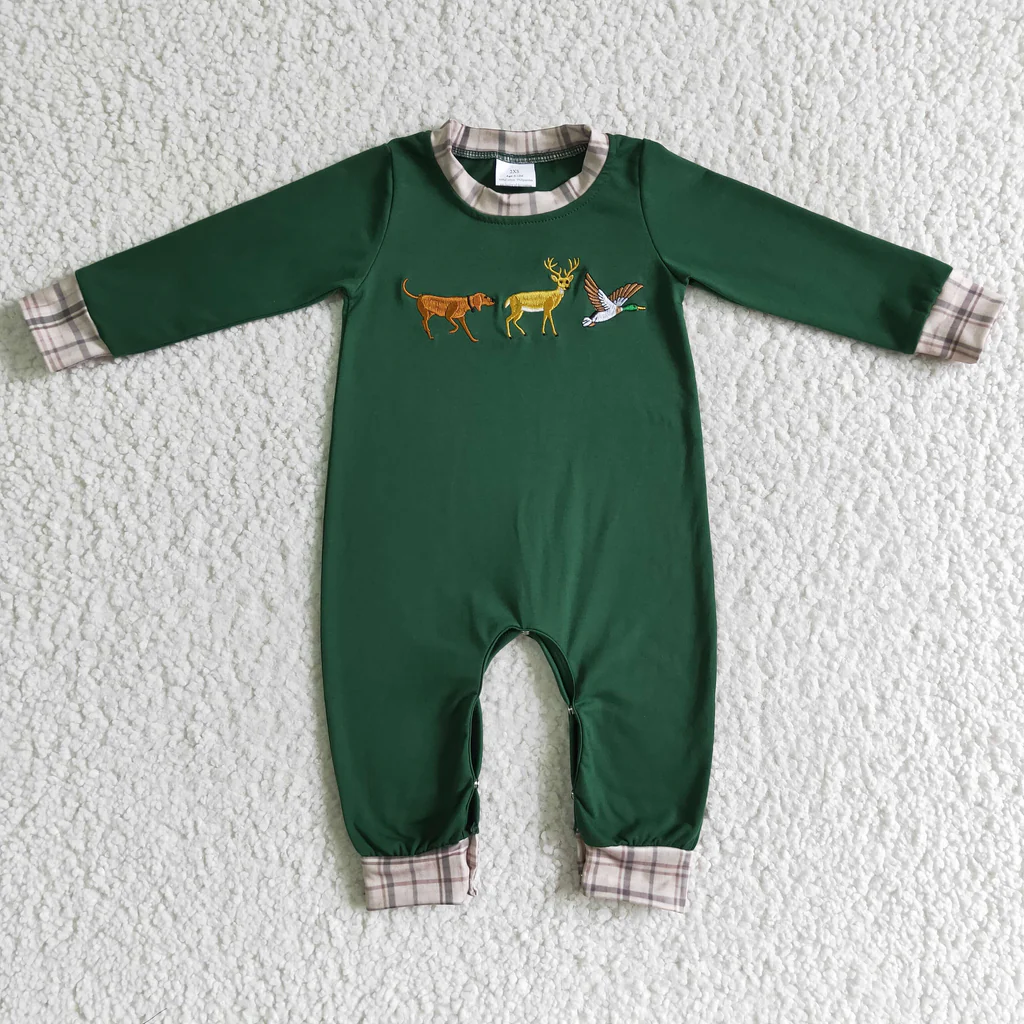 LR0107 embroidery dog deer duck green romper hunting clothing