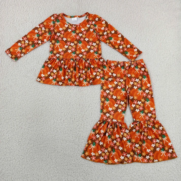long sleeve floral pumpkin bell bottom pants set
