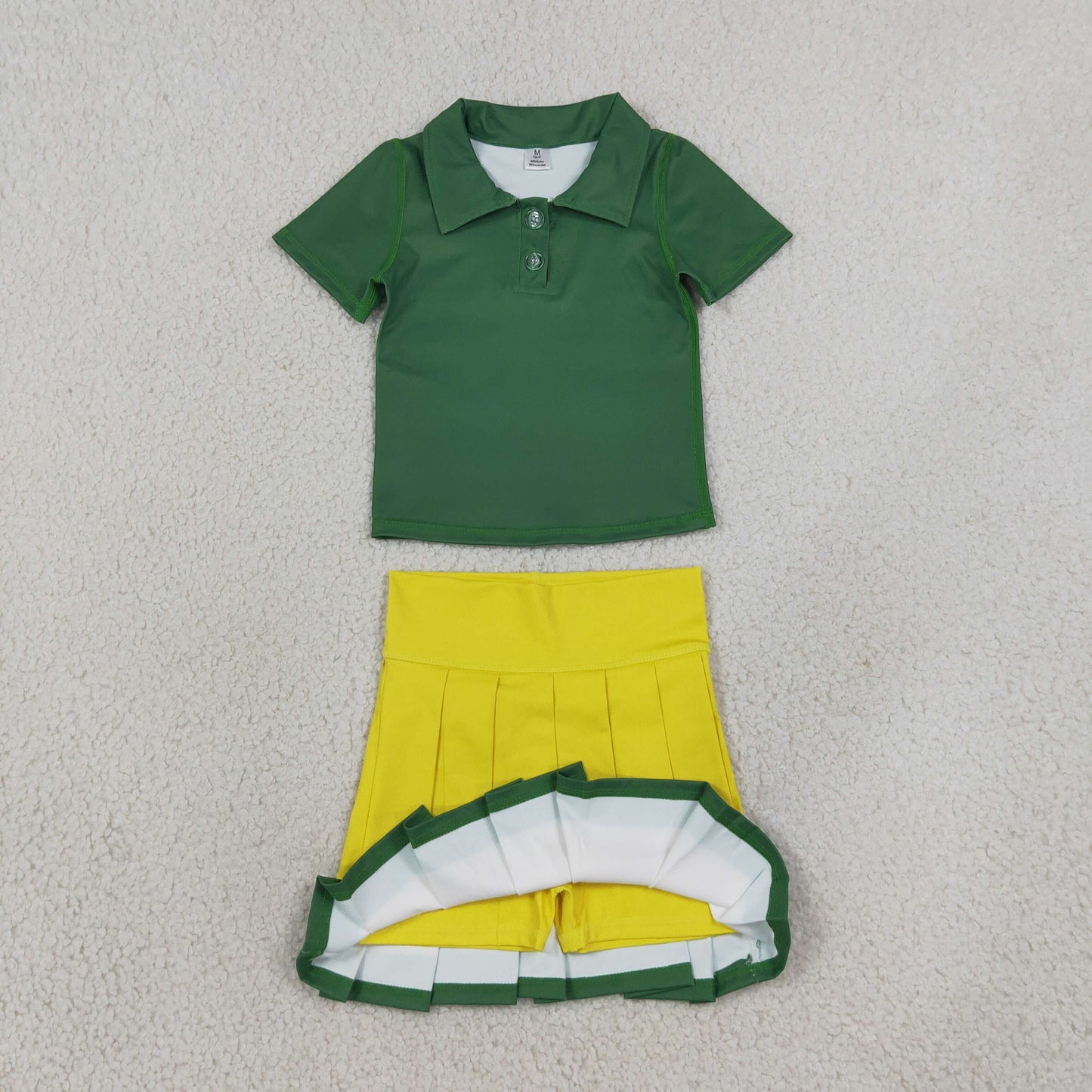 green white yellow athletic pleated skirt outfit cheerleader clothing