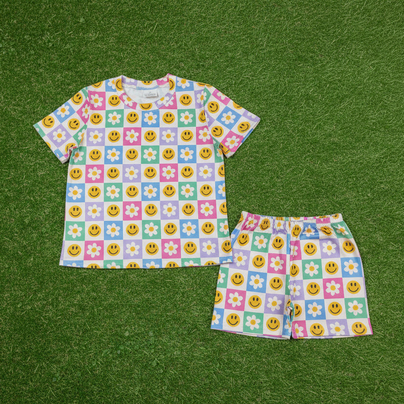 checkered groovy happy smile face shorts set