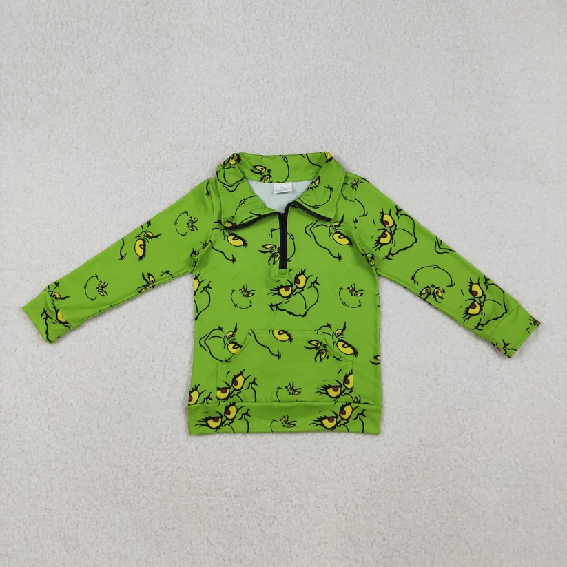 GT1170 Green Face Christmas Zipper Pullover Top
