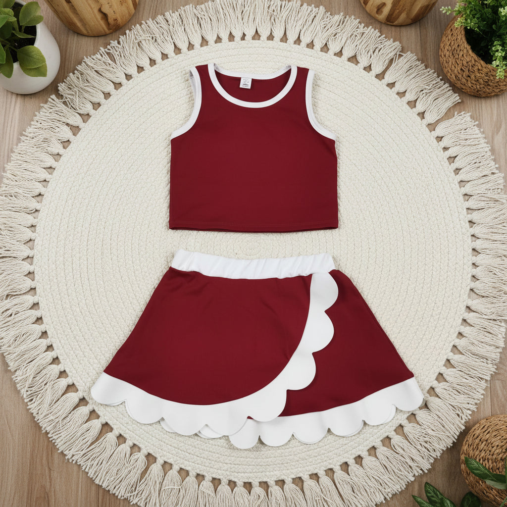 solid maroon white scallop athletic skort outfit girls clothes