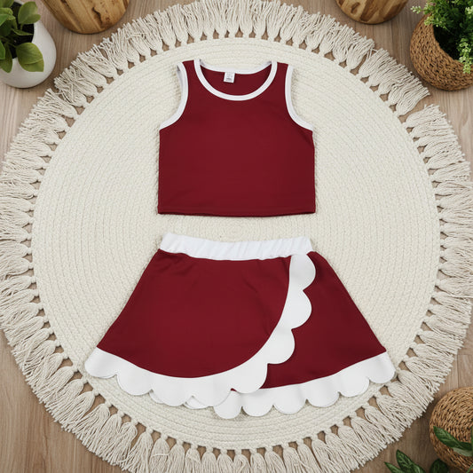 solid maroon white scallop athletic skort outfit girls clothes