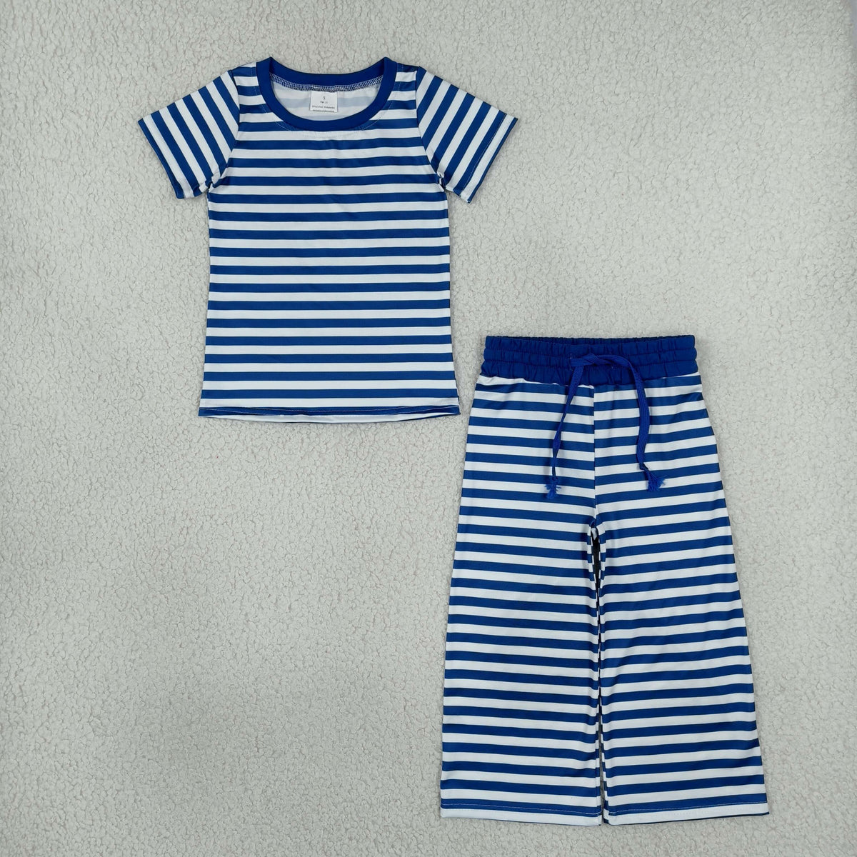 short sleeve royal blue striped wide leg pants girl outfit