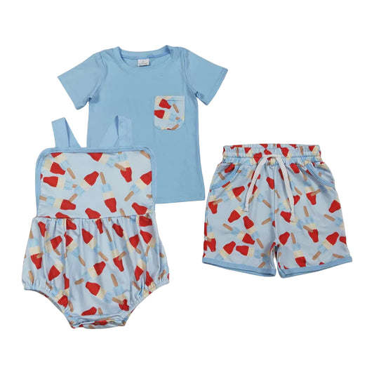 RTS Sibling Baby Boys Popsicle Shirt Top Pockets Short 4th of July Clothes Set Strap Rompers