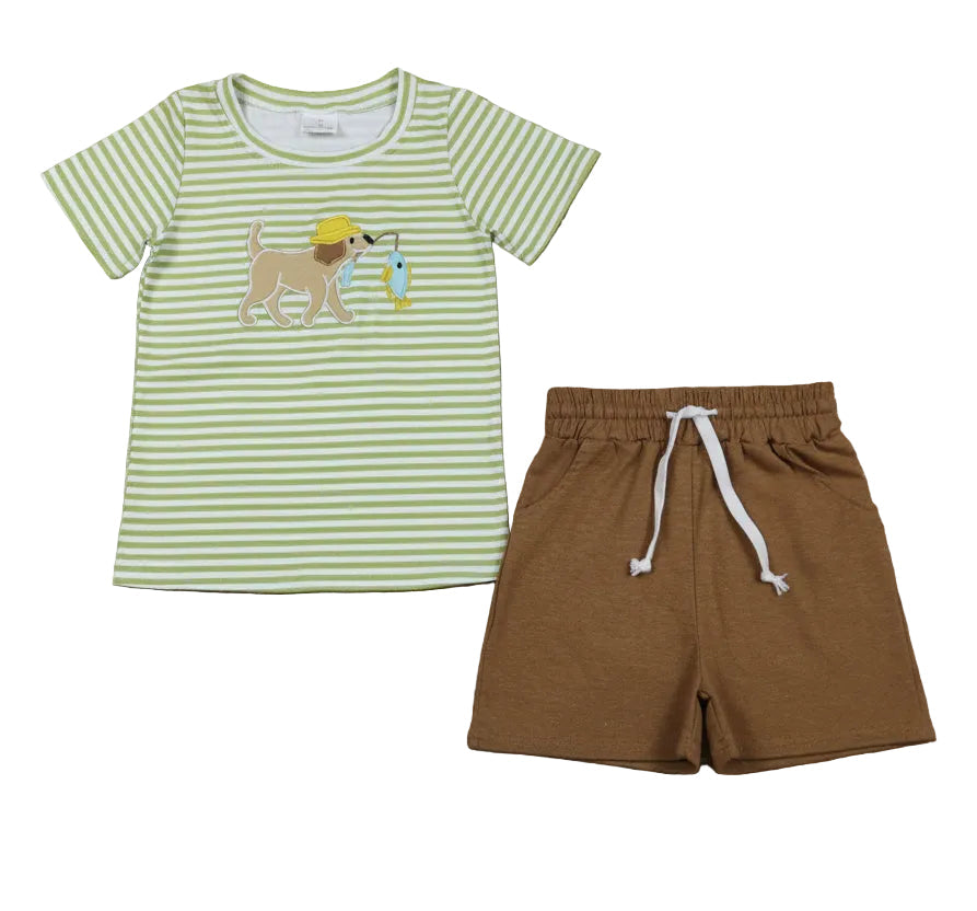 embroidery stripes dog fishing shorts set summer boy clothes