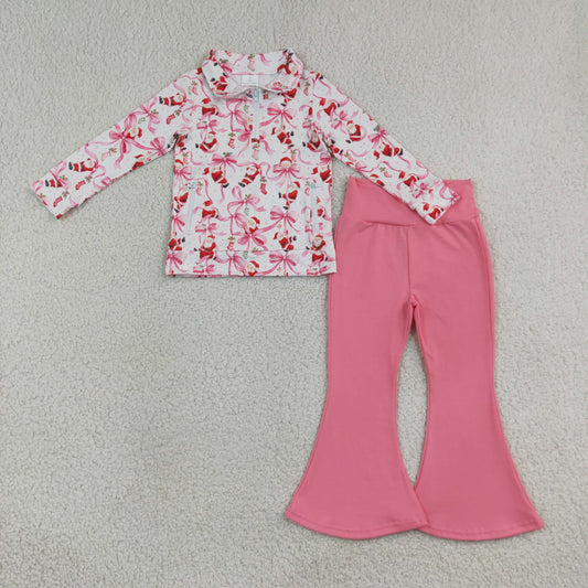 pink bow santa print pullover pants set