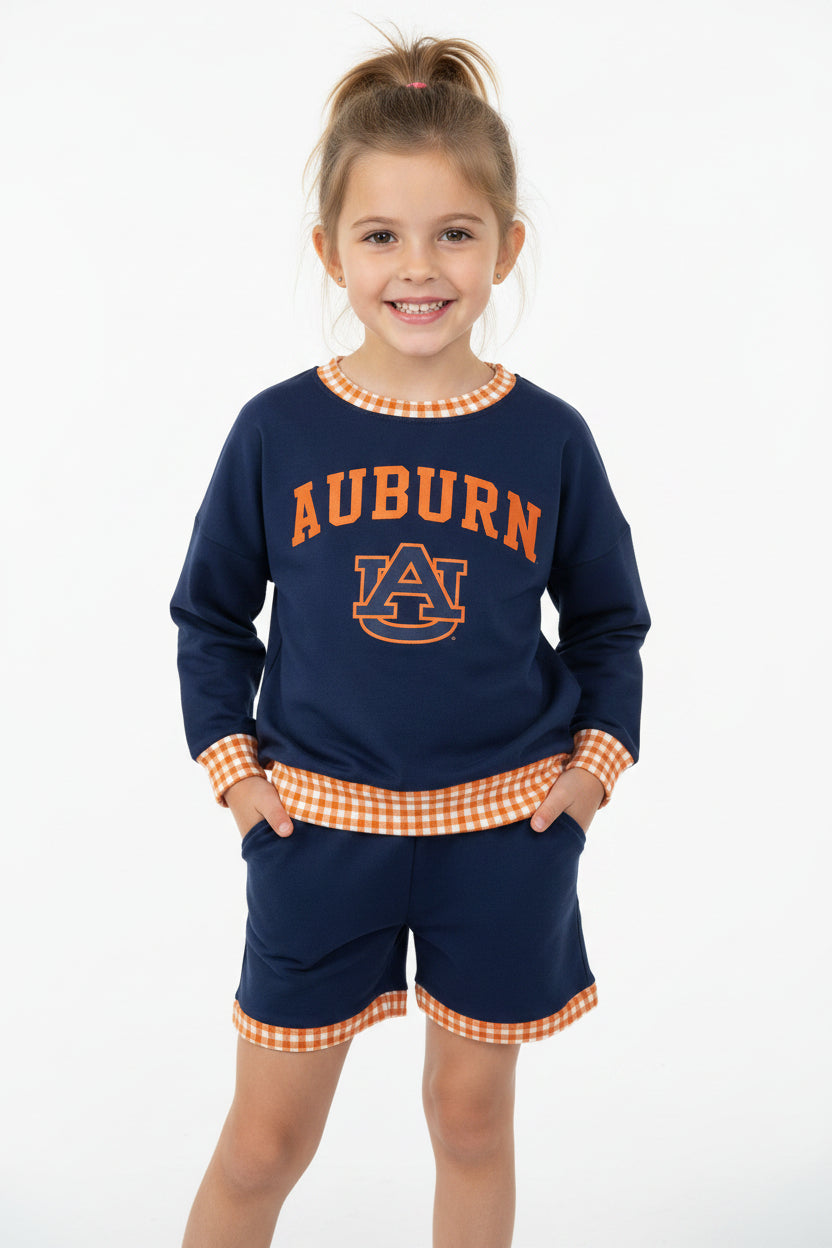 digital print navy orange football team AU long sleeve sweatershirt shorts set