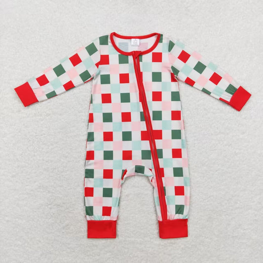 LR1197 Bamboo Christmas Colorful Plaid Zipper Long Sleeve Bodysuit