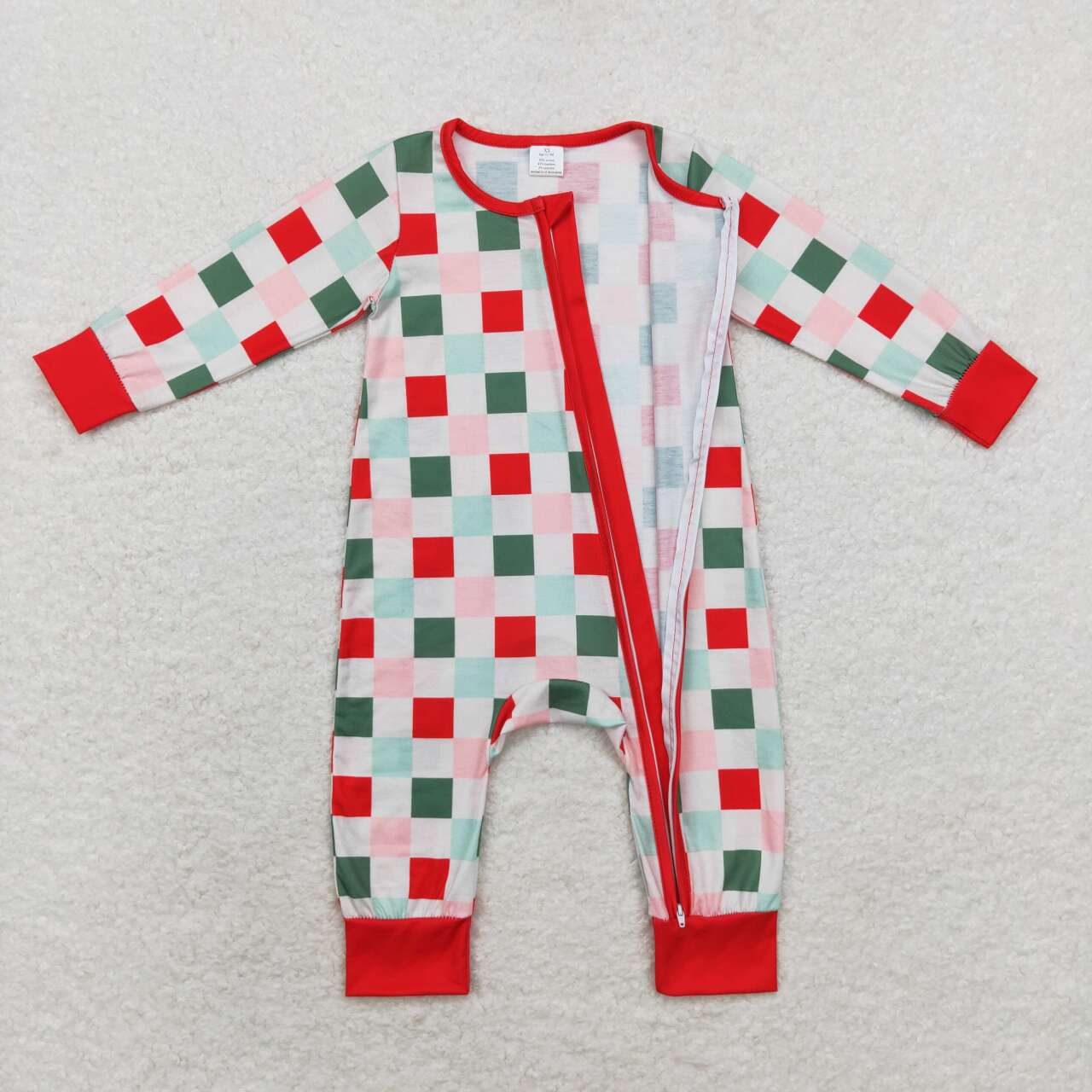 LR1197 Bamboo Christmas Colorful Plaid Zipper Long Sleeve Bodysuit