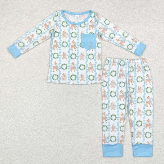 BLP0483  bamboo Gingerbread Man Deer Wreath Blue Pocket Long Sleeve Long Pants Pajama Set