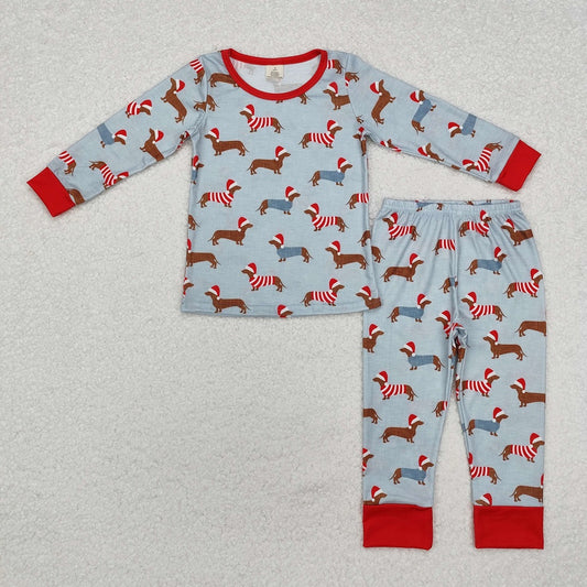 BLP0515 Bamboo Christmas Hat Puppy Blue Long Sleeve Pants Pajama Set