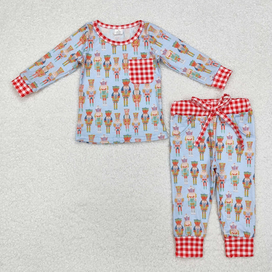 BLP0521 Bamboo Christmas Nutcracker Plaid Pocket Blue Long Sleeve Pants Pajama Set