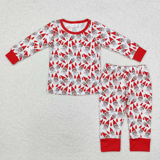 BLP0558 Christmas tree cartoon elf red and white long sleeve long pants pajama set