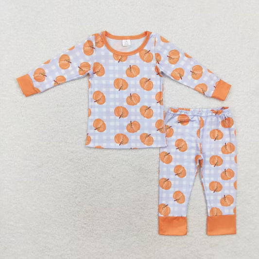 BLP0584 Bamboo Pumpkin Blue Plaid Long Sleeve Long Pants Pajama Set