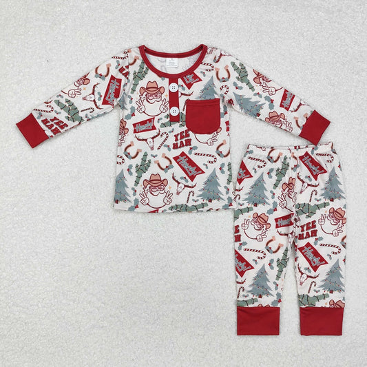 BLP0620 Bamboo Santa Claus Cactus Bull Head Pocket Beige Long Sleeve Long Pants Pajama Set