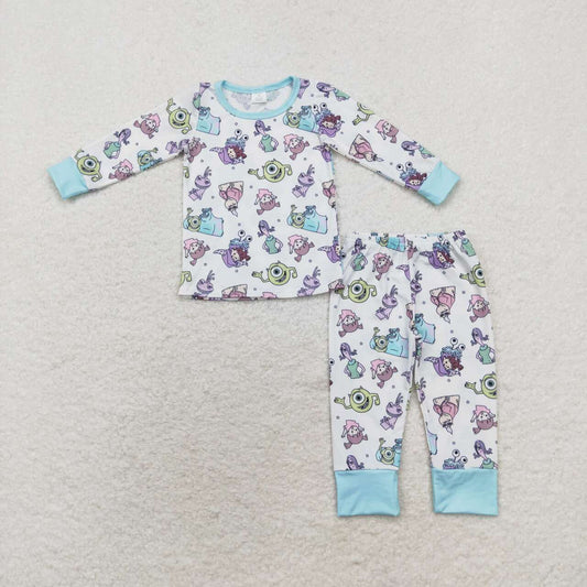 BLP0631 Bamboo Cartoon blue and white long-sleeved trousers pajamas set