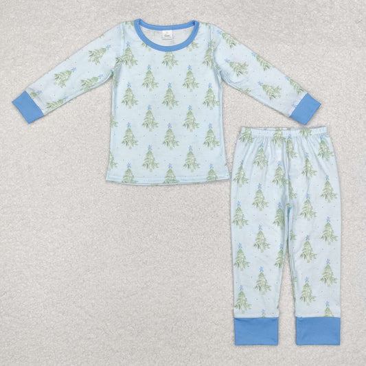 BLP0639 bamboo Christmas Tree Star Blue Long Sleeve Long Pants Pajama Set