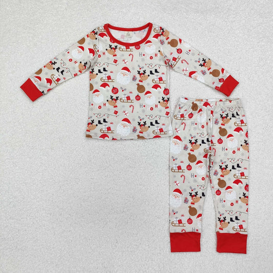 BLP0662 Santa Claus Reindeer Gift Brown Red Long Sleeve Long Pants Pajama Set