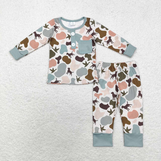 BLP0669 Puppy Duck Camouflage Green Pocket Long Sleeve Long Pants Pajama Set