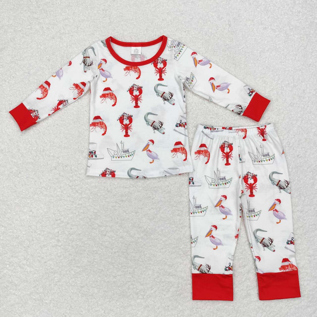 BLP0674 Bamboo Ship Crayfish Crocodile Red and White Long Sleeve Long Pants Pajama Set