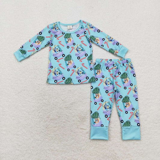 BLP0694 Bamboo Christmas tree car cane blue long sleeve long pants pajama set