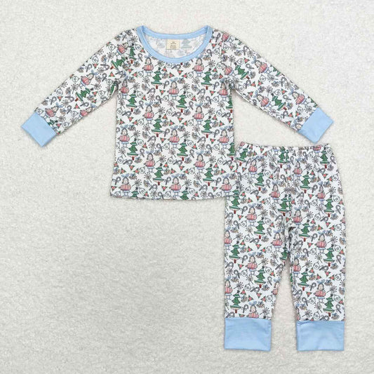 BLP0699 bamboo Christmas tree cane girl gift blue and white long sleeve long pants pajamas set