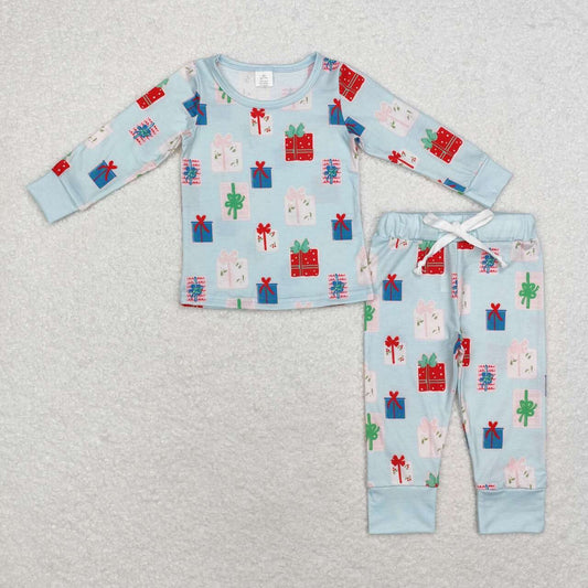 BLP0716  Bamboo Christmas gift teal long sleeve and long pants pajama set