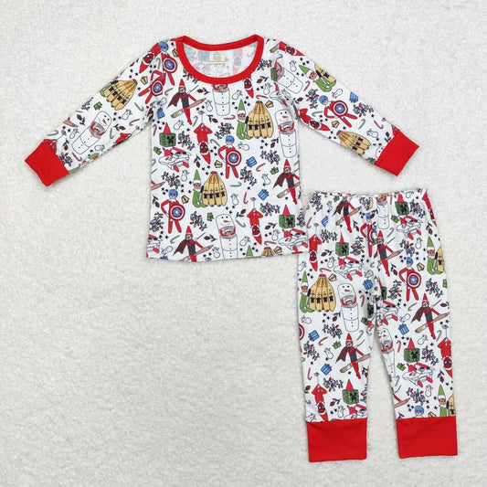 BLP0722 Bamboo Christmas Snowman Elf Red and White Long Sleeve Long Pants Pajama Set