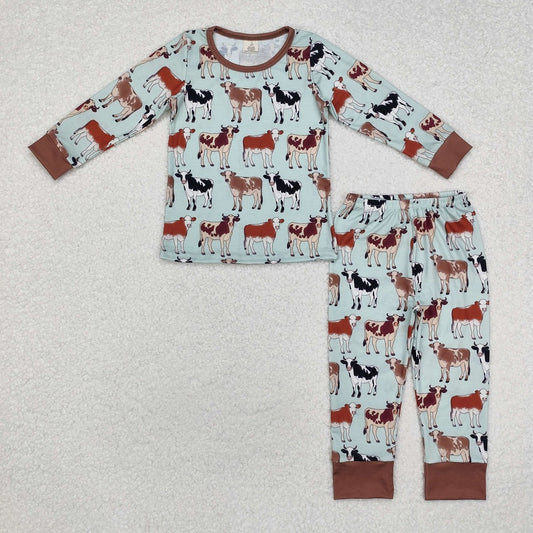 BLP0829 Bamboo Cow Brown Green Long Sleeve Long Pants Pajama Set
