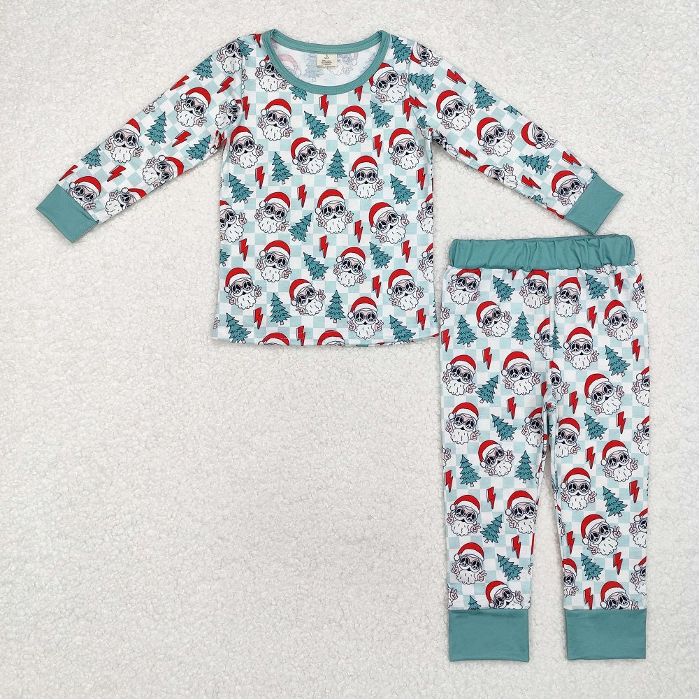 BLP0859 Bamboo Santa Claus Lightning Plaid Green Long Sleeve Long Pants Pajama Set