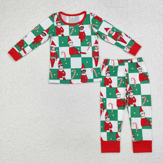 BLP0875 Bamboo Christmas Elf Cane Green and White Plaid Long Sleeve Long Pants Pajama Set