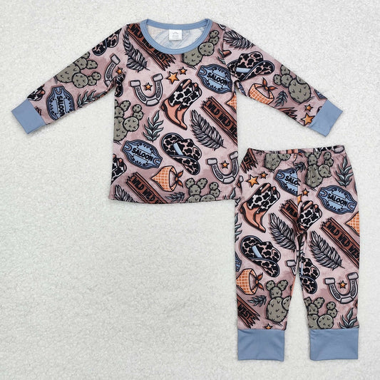 BLP0878 Cactus cowboy hat boots brown blue long sleeve long pants pajama set