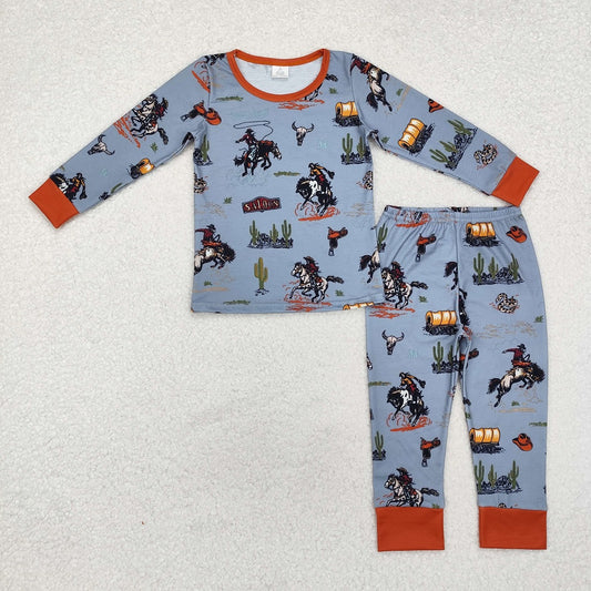 BLP0900 Bamboo  Horseback Cactus Blue Brown Long Sleeve Long Pants Pajama Set