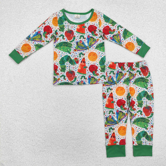 BLP0909  Cartoon green and white long-sleeved trousers pajamas set