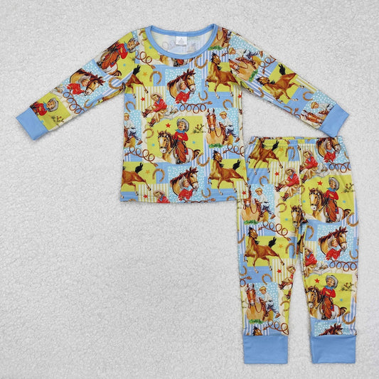 BLP0915 Bamboo  Horse Riding Boys Yellow Blue Long Sleeve Long Pants Pajama Set