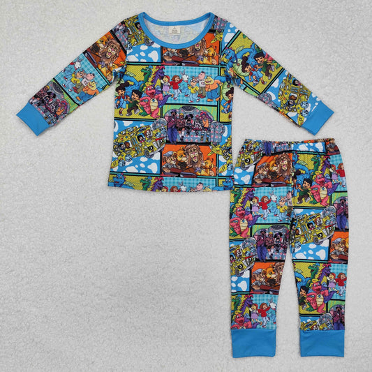 BLP1009 Bamboo Cartoon Lion Dinosaur Blue Long Sleeve Long Pants Pajama Set
