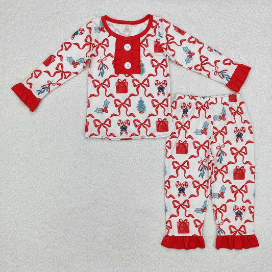 GLP1201 Bamboo Christmas Gift Bow Red Lace Long Sleeve Long Pants Pajama Set