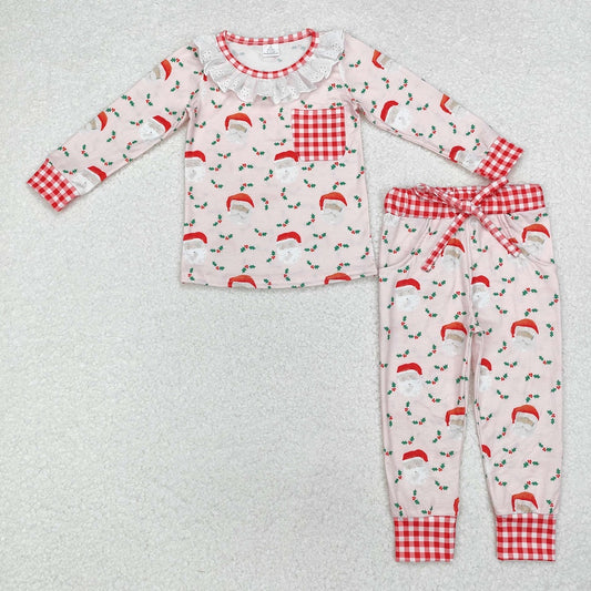 GLP1213 Santa red and white plaid pocket pink long-sleeved trousers pajama set