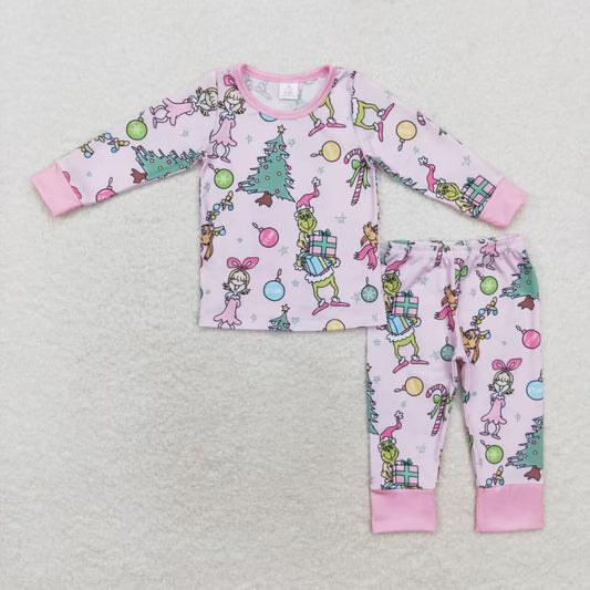 GLP1220 Bamboo Christmas Tree Girl Pink Long Sleeve Pants Pajama Set