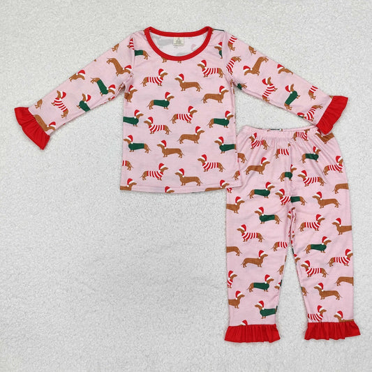 GLP1244 Bamboo Christmas Hat Puppy Pink Long Sleeve Pants Pajama Set