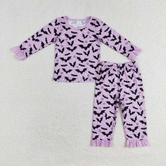 GLP1268 Bamboo Halloween Bat Purple Lace Long Sleeve Long Pants Pajama Set