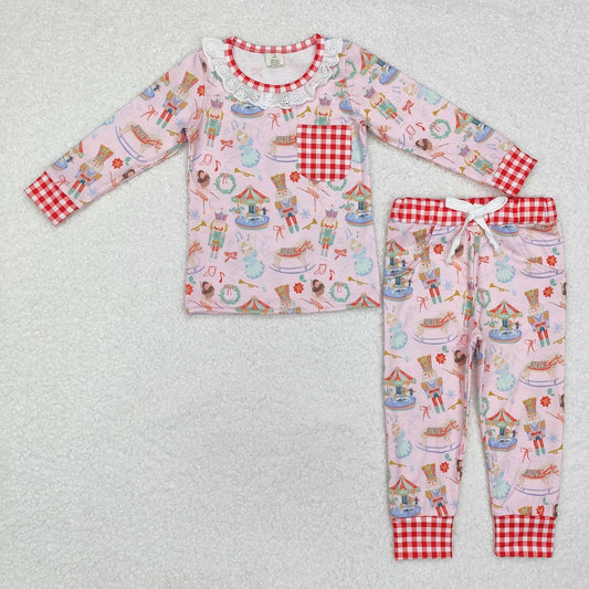 GLP1271 Bamboo Christmas Nutcracker Plaid Pocket Pink Long Sleeve Pants Pajama Set