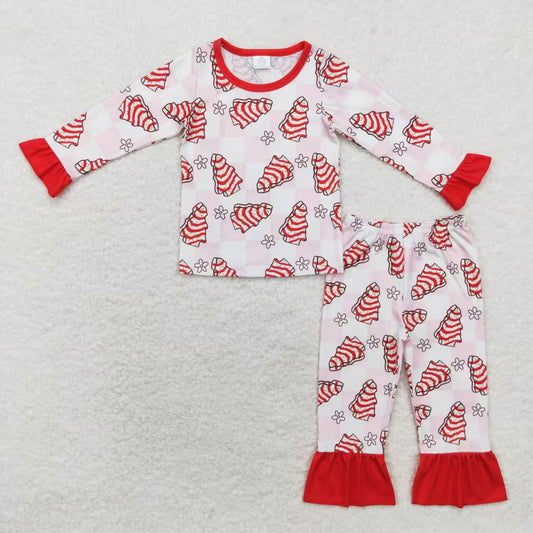 GLP1397 Bamboo Christmas Tree Cookie Flower Pink and White Plaid Long Sleeve Long Pants Pajama Set