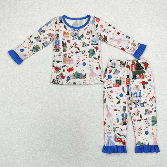 GLP1475 Christmas Tree Blue Lace Beige Long Sleeve Long Pants Pajama Set