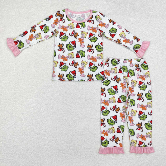 GLP1477 Bamboo Girls Gingerbread Man Pink Lace White Long Sleeve Long Pants Pajama Set