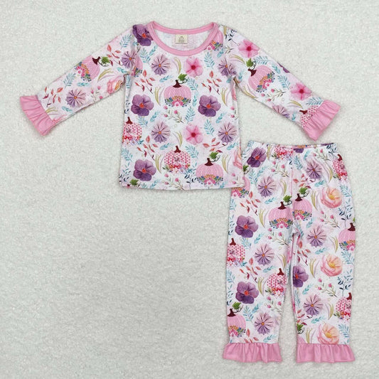 GLP1482 bamboo Floral Pumpkin Pink Lace Long Sleeve Long Pants Pajama Set