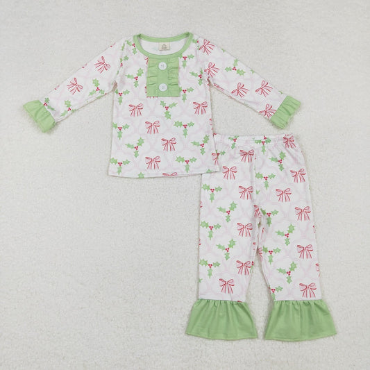 GLP1487 Bamboo Pink bow pattern leaves green lace white long sleeves and long pants pajama set
