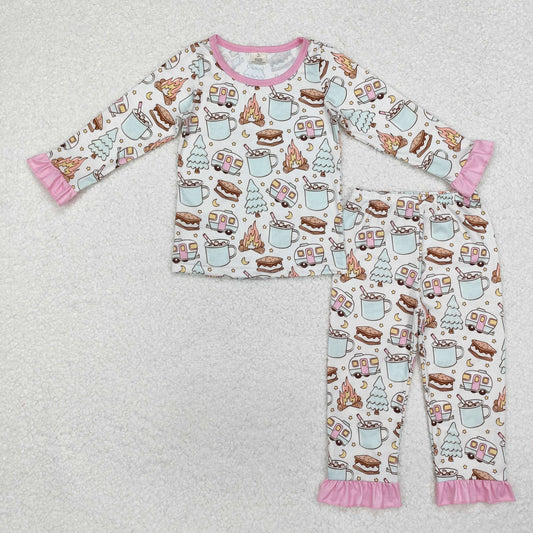 GLP1502 BAMBOO Christmas tree fire camper mug pink lace long sleeve long pants pajama set