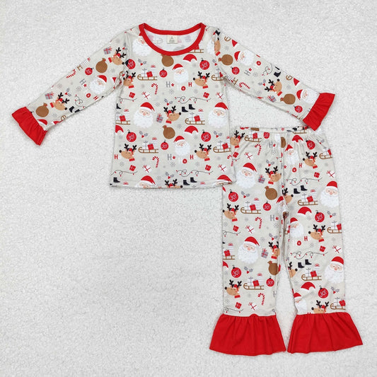 GLP1508 Bamboo Santa Claus Reindeer Gift Lace Brown Long Sleeve Long Pants Pajama Set